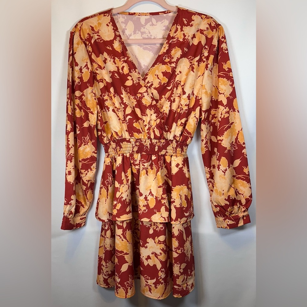 SHEIN Floral Long Sleeve Dress in Red and Light Orange NWOT